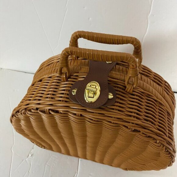 Woven Wicker Picnic Basket Carrying Case Handbag - Picture 3 of 7